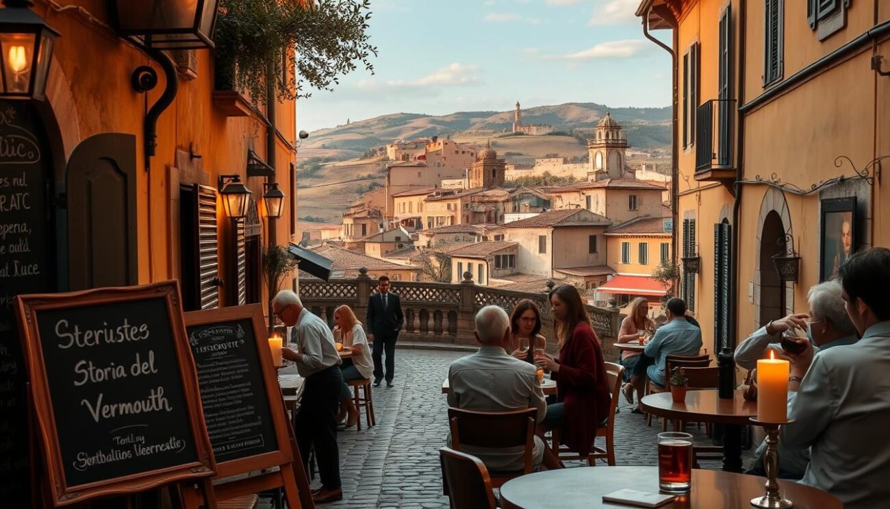 A scenic view of a historical Italian town, captured in the golden hues of a bygone era. In the foreground, a quaint cafe with a chalkboard menu featuring the words "Storia del Vermouth". Patrons sip on rich, amber-colored beverages, surrounded by the aroma of freshly brewed espresso and the warm glow of candlelight. In the middle ground, cobblestone streets wind through charming buildings adorned with ornate architectural details, hinting at the centuries-old traditions of the vermouth trade. The background showcases a rolling landscape of vineyards and olive groves, a testament to the region's agricultural heritage. The scene exudes a sense of timeless elegance, inviting the viewer to step back in time and immerse themselves in the captivating history of the beloved Italian aperitif.