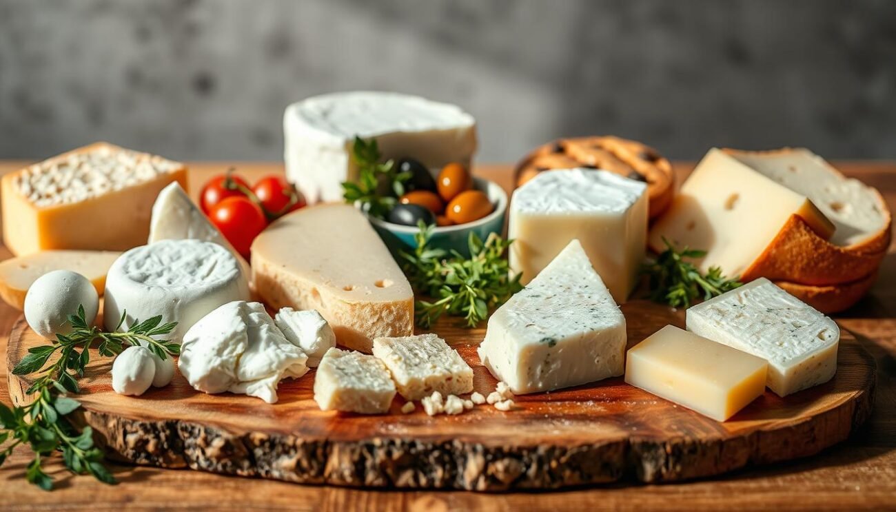 A selection of low-sodium Italian cheeses arranged on a rustic wooden board, illuminated by warm natural lighting and arranged with care. In the foreground, a variety of soft and hard cheeses, such as mozzarella, ricotta, and parmesan, are presented in a visually appealing manner. The middle ground features complementary food items like fresh herbs, olives, and crusty bread, creating a balanced and appetizing composition. The background showcases a simple, yet elegant setting, with a neutral-toned wall or backdrop, suggesting a cozy, homey atmosphere. The overall image conveys the idea of healthier cheese options, emphasizing their low-sodium content and suitability for a balanced diet.