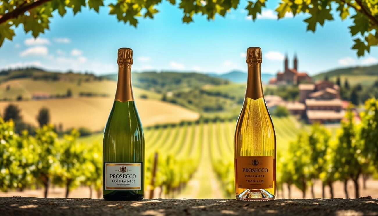 A serene Italian countryside, sun-dappled vineyards and rolling hills set the stage. In the foreground, three distinct bottles of Prosecco - spumante, frizzante, and tranquillo - stand proudly, their labels showcasing the unique typologies. Soft, diffused lighting illuminates the scene, capturing the elegance and craftsmanship of these iconic Italian sparkling wines. In the middle ground, a lush green canopy frames the bottles, hinting at the verdant vineyards that nourish these grapes. The background features a picturesque landscape of stone buildings, church spires, and a clear azure sky, evoking the rich cultural heritage of the Prosecco region. This harmonious composition invites the viewer to explore the nuances and diversity of the Prosecco DOC and DOCG designations.