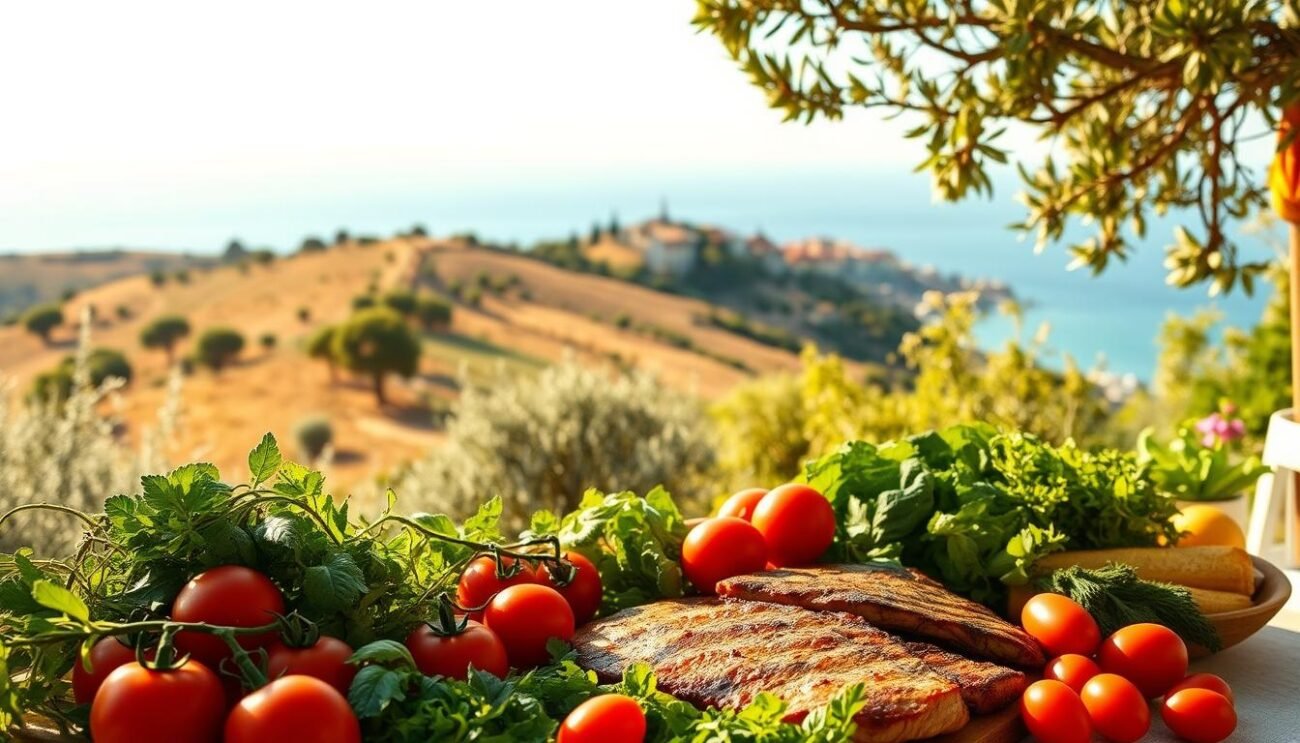A serene Mediterranean landscape, bathed in warm, golden sunlight. In the foreground, a bountiful table laden with fresh produce - ripe tomatoes, crisp greens, vibrant herbs, and a modest serving of grilled lean meat. The middle ground features a gently rolling hillside, dotted with olive trees and vineyards, while in the background, the iconic silhouette of a coastal town nestles against a sparkling azure sea. The scene evokes a sense of balance, simplicity, and a celebration of nature's bounty - the essence of the Mediterranean diet.