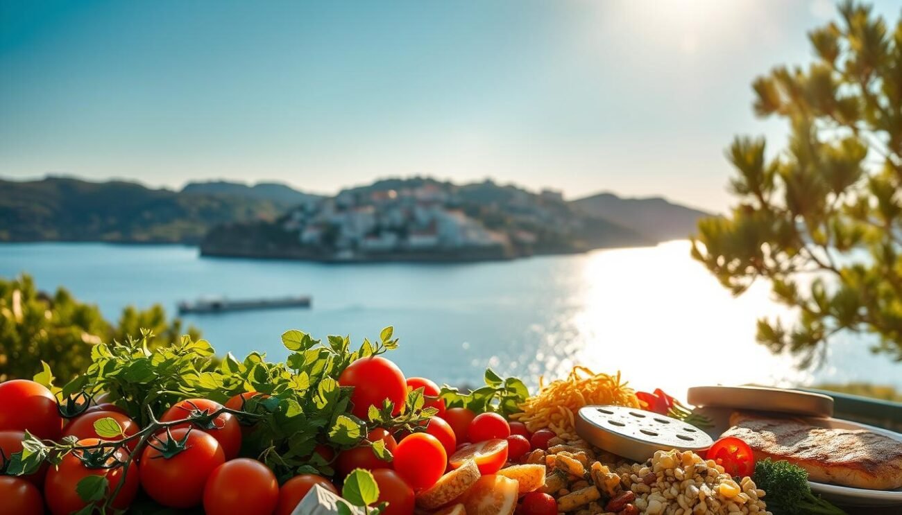 A serene Mediterranean landscape, bathed in warm, golden sunlight. In the foreground, a bountiful spread of fresh produce - ripe tomatoes, crisp greens, fragrant herbs, and a drizzle of glistening olive oil. Surrounding the vibrant display, an array of whole grains, legumes, and a modest portion of lean, grilled protein. The middle ground reveals a picturesque coastal village, with whitewashed buildings and terra-cotta roofs nestled between rolling hills. In the distance, the deep blue of the Tyrrhenian Sea shimmers under a cloudless sky. The overall scene conveys a sense of balance, simplicity, and the health-promoting principles of the traditional Mediterranean diet.