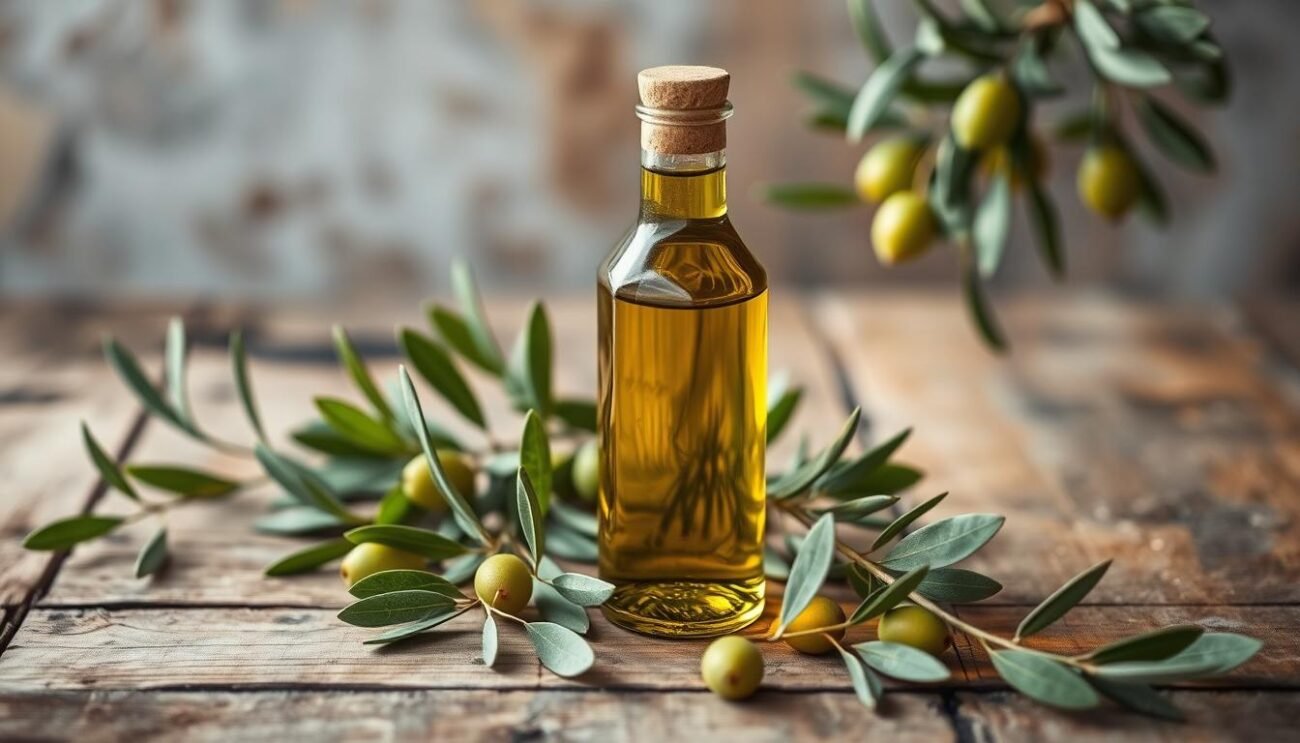 A serene bottle of extra virgin olive oil stands prominently on a rustic wooden table, surrounded by fresh green olive leaves and branches. The lighting is soft and natural, casting gentle shadows that accentuate the rich, golden hue of the oil. The scene evokes the tranquility and simplicity of the Mediterranean lifestyle, where the cultivation and appreciation of high-quality olive oil is a cherished tradition. The image is captured with a wide-angle lens, allowing the viewer to immerse themselves in the scene and feel the essence of the "Olio Extravergine" at the heart of the Mediterranean diet.