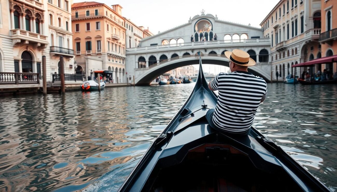 A serene gondola floating along the iconic canals of Venice, the Serenissima's centuries-old waterways. In the foreground, a gondolier in traditional striped uniform expertly navigates their craft, their reflection shimmering in the calm waters. The middle ground features the iconic architecture of Venice, with ornate bridges and pastel-hued palaces lining the canals. The background is bathed in a warm, golden light, capturing the timeless elegance and charm of the Venetian aperitivo culture. A perfect scene to illustrate the Gondoliers and the Aperitivo Culture in the Serenissima.