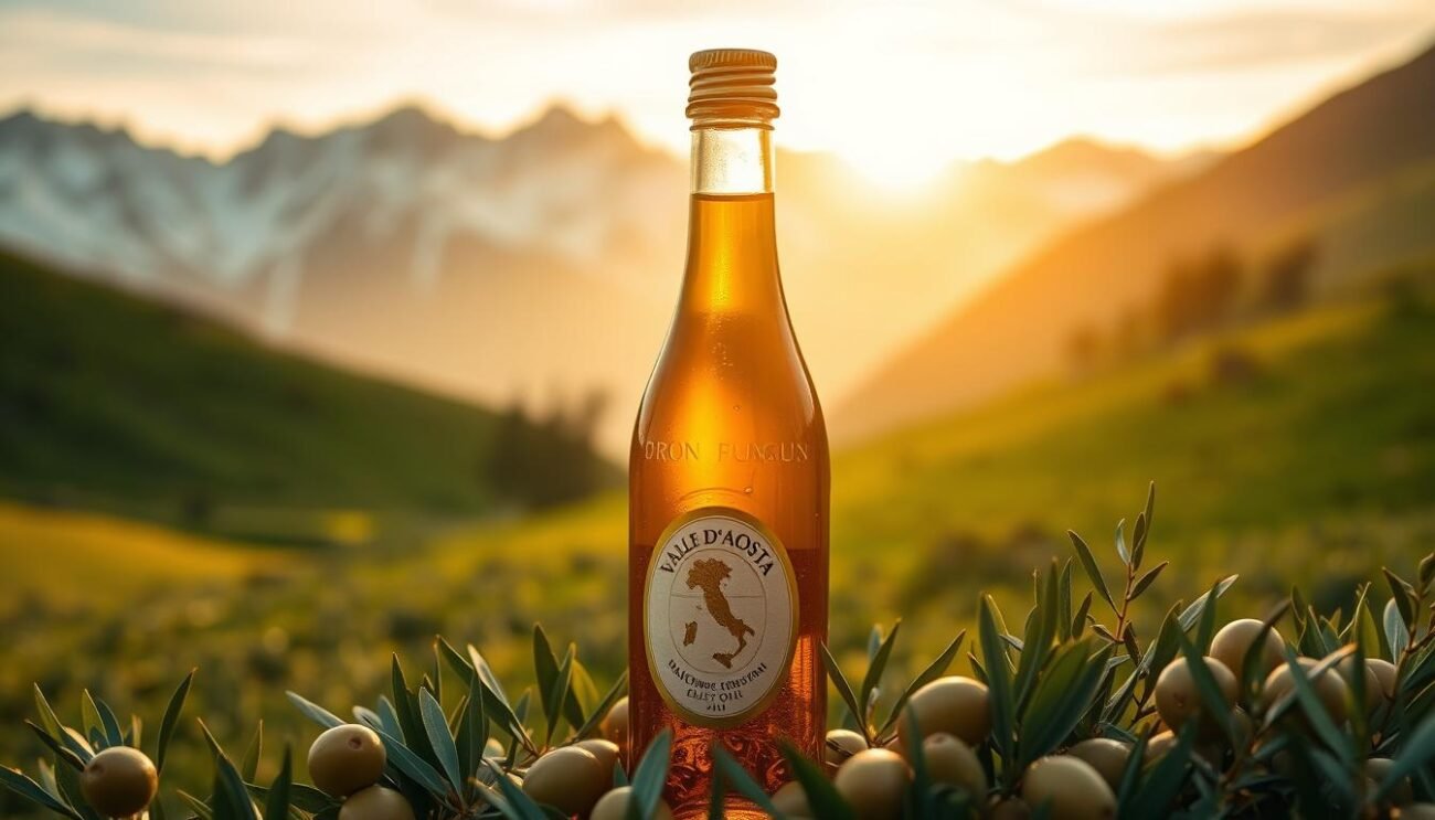 A serene green hillside in the Valle d'Aosta region, bathed in warm golden light. In the foreground, a glass bottle filled with rich, amber-colored olive oil, its label adorned with the regional emblem. The bottle is surrounded by freshly harvested olives, their glossy skins reflecting the sun's rays. In the background, the majestic snow-capped peaks of the Alps rise majestically, creating a breathtaking contrast with the verdant landscape. The scene conveys a sense of artisanal tradition, as well as the unique terroir and high-quality of the Valle d'Aosta's prized olive oil.