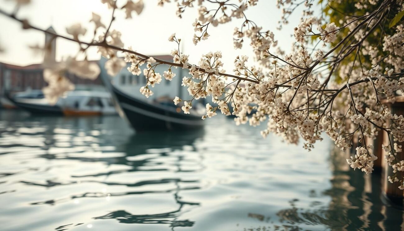 A serene lagoon in Venice, where a delicate network of elder flower blossoms sways gently in the breeze. The dreamy, impressionistic scene captures the essence of the Venetian aperitivo, with the characteristic aroma of the local sambuco syrup infusing the air. Soft, diffused lighting bathes the floral tapestry, creating a sense of timeless beauty and tranquility. The camera's lens captures the scene from a low angle, drawing the viewer into the lush, verdant realm of the Venetian lagoon.