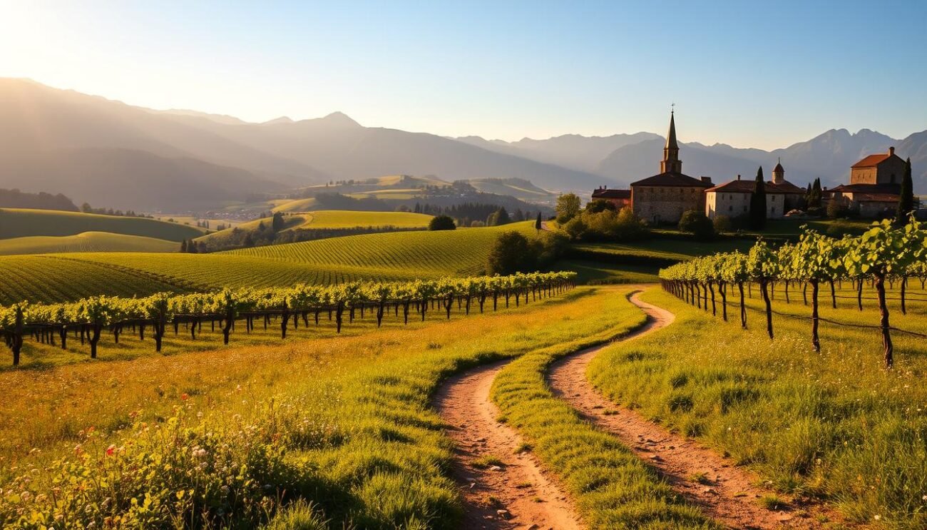 A serene landscape of the Lombardo region, showcasing its rolling hills, lush vineyards, and quaint villages nestled between towering mountains. The scene is bathed in warm, golden sunlight, casting soft shadows across the undulating terrain. In the foreground, a winding dirt path leads the viewer through a verdant meadow, dotted with wildflowers. In the middle ground, rows of grapevines stretch out, their leaves gently swaying in the breeze. In the distance, the iconic silhouettes of historic stone buildings and church steeples emerge, hinting at the rich cultural heritage of the region. The overall composition evokes a sense of tranquility and timelessness, capturing the essence of the Lombardo territory's natural beauty and its deep-rooted connection to the art of wine and spirits production.