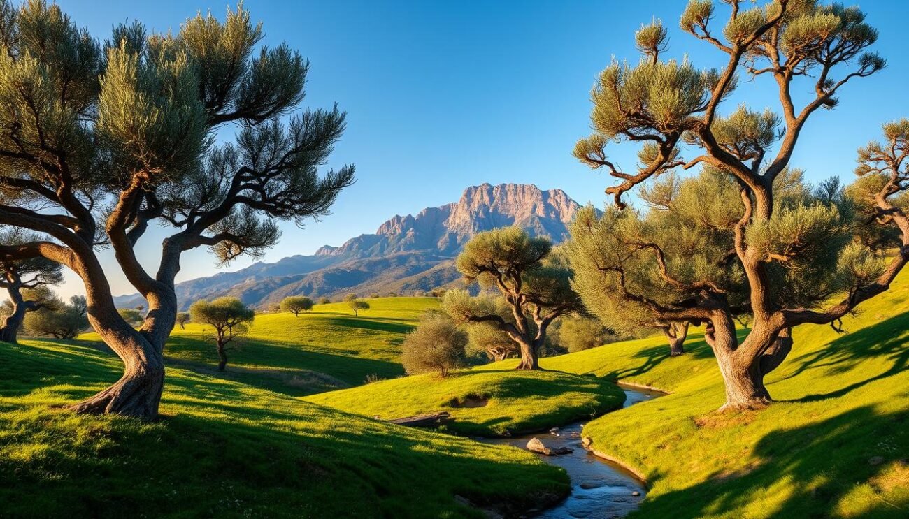 A serene mountainscape with the majestic Monte Linas rising in the distance, its peaks bathed in warm, golden light. In the foreground, a lush, verdant landscape dotted with ancient olive trees, their twisted trunks and gnarled branches casting long shadows across the rolling hills. A gentle stream winds its way through the scene, reflecting the azure sky above. The air is crisp and clean, carrying the subtle fragrance of Mediterranean herbs and wildflowers. A true natural paradise, where the essence of Sardinian olive oil is distilled into every detail of the land.