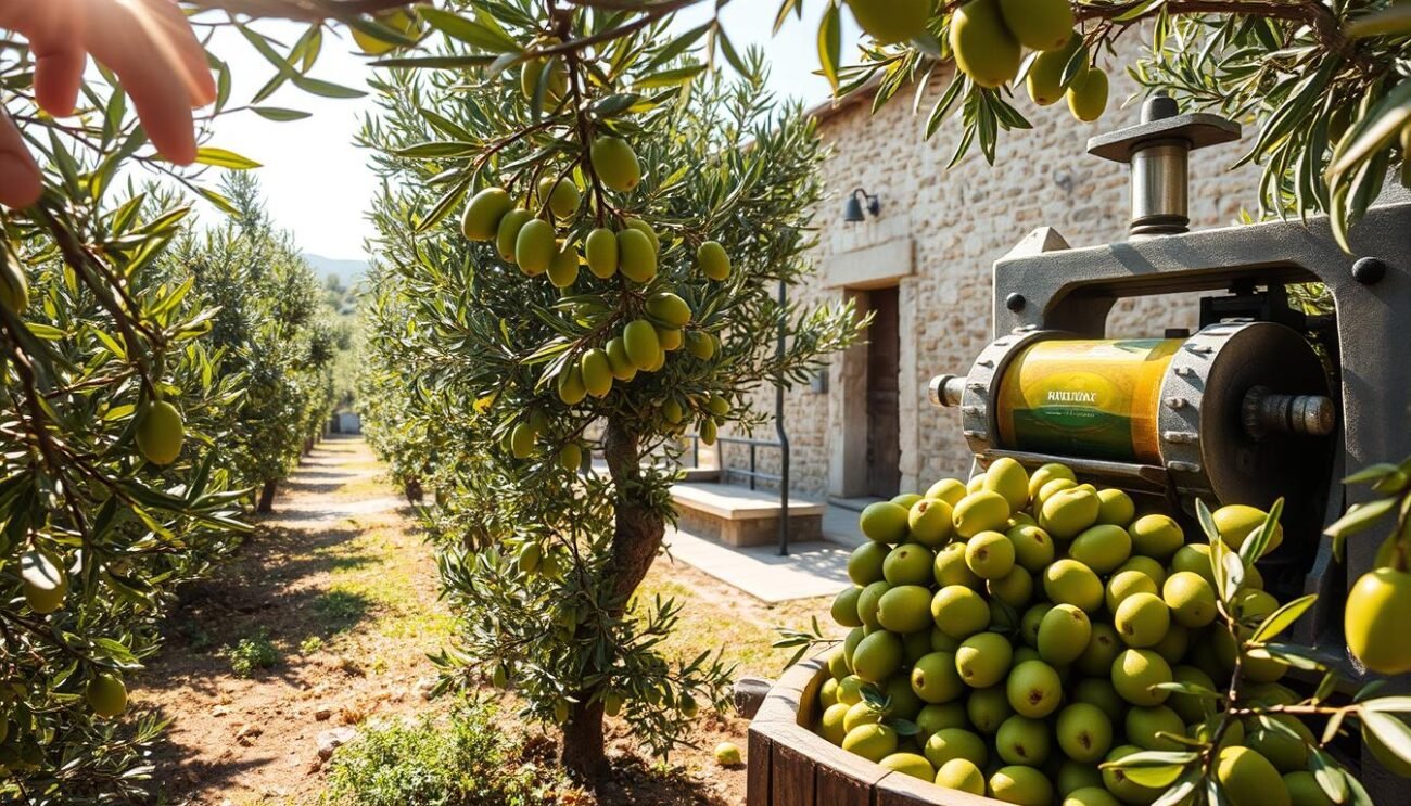 A serene olive grove bathed in warm Mediterranean sunlight, where weathered hands carefully harvest the glistening green fruit. In the distance, a rustic stone building houses the mechanical press, its intricate parts whirring to extract the pure, golden essence - extra virgin olive oil. The air is thick with the fragrance of freshly milled olives, as the liquid gold is meticulously filtered and bottled, ready to be savored and shared. This is the essence of Sicily's unique terroir, captured in a moment of timeless tradition.