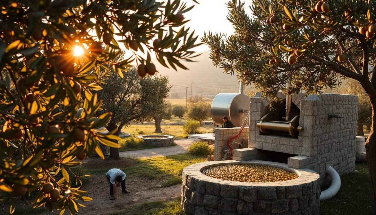 A serene olive grove in the Sardinian countryside, bathed in warm golden light. In the foreground, workers meticulously hand-pick ripe olives, their leaves casting delicate shadows. The middle ground reveals a traditional stone mill, its ancient machinery grinding the olives into a rich, aromatic paste. In the background, a modern pressing facility stands, its sleek stainless steel equipment extracting the precious extra virgin olive oil, ready to be bottled and savored. The scene evokes the timeless traditions and modern innovations that define the production of Sardinian olive oil, a true expression of the island's unique terroir.