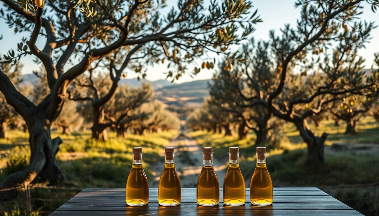 A serene olive grove in the heart of Sardinia, with gnarled trees casting long shadows. In the foreground, a table set with a selection of golden-hued extra virgin olive oils, each in a small glass container. Warm, natural lighting illuminates the scene, showcasing the rich, vibrant colors of the oils. The background features rolling hills and a clear, Mediterranean sky. The overall atmosphere conveys a sense of authenticity, inviting the viewer to savor the unique flavors and aromas of these Sardinian olive oils.
