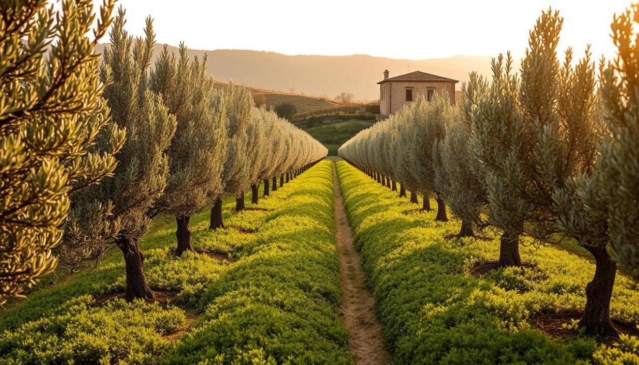 A serene olive grove in the rolling hills of Emilia-Romagna, Italy. Rows of gnarled, silver-leafed olive trees stretch out against a backdrop of warm, golden light. The ground is blanketed in a carpet of lush, verdant foliage, while a weathered stone building stands in the distance, a testament to the region's centuries-old olive oil tradition. The air is filled with the rich, earthy aroma of freshly pressed olive oil, as workers carefully harvest the precious fruit. The scene conveys a sense of timeless, artisanal craftsmanship, reflecting the deep-rooted history and cultural significance of Emilia-Romagna's celebrated olive oil legacy. A serene olive grove in the rolling hills of Emilia-Romagna, Italy. Rows of gnarled, silver-leafed olive trees stretch out against a backdrop of warm, golden light. The ground is blanketed in a carpet of lush, verdant foliage, while a weathered stone building stands in the distance, a testament to the region's centuries-old olive oil tradition. The air is filled with the rich, earthy aroma of freshly pressed olive oil, as workers carefully harvest the precious fruit. The scene conveys a sense of timeless, artisanal craftsmanship, reflecting the deep-rooted history and cultural significance of Emilia-Romagna's celebrated olive oil legacy.
