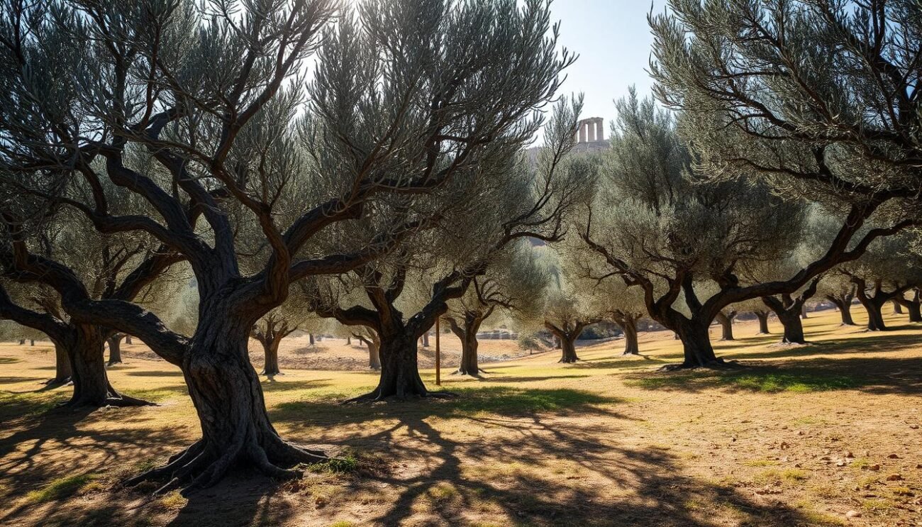 A serene olive grove nestled amidst the rolling hills of the Lazio region, its gnarled, weathered trees standing as silent witnesses to centuries of history. Dappled sunlight filters through the silvery leaves, casting warm, soft shadows upon the fertile soil below. In the distance, the outline of ancient Roman ruins emerges, a testament to the enduring legacy of this land's olive cultivation, dating back to the Etruscan era and flourishing under the might of the Roman Empire. The scene exudes a sense of timeless tranquility, inviting the viewer to immerse themselves in the rich tapestry of Lazio's olive-growing tradition.