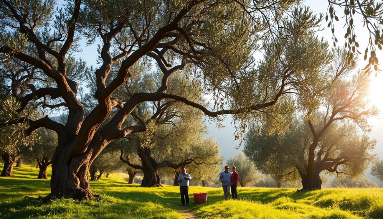 A serene olive grove nestled in the majestic Alpine landscape of Valle d'Aosta, Italy. The ancient trees sway gently in the crisp mountain air, their gnarled trunks a testament to the region's rich agricultural heritage. Sunlight filters through the canopy, casting a warm, golden glow over the lush, vibrant foliage. In the foreground, a small group of local farmers carefully harvest the precious olives, their movements graceful and practiced. The scene exudes a sense of timelessness, where tradition and innovation coexist, hinting at the future of this unique and treasured mountain olive oil.