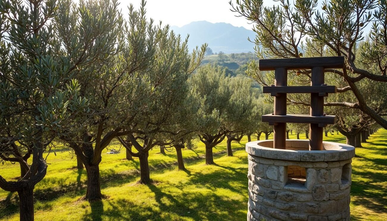 A serene olive grove nestled in the rolling hills of Friuli, Italy. Rows of gnarled, silvery-green trees sway gently in the warm breeze, their branches heavy with plump, glossy olives. In the foreground, a weathered stone press stands as a testament to the region's centuries-old olive oil production traditions. Dappled sunlight filters through the leaves, casting a soft, golden glow over the scene. In the distance, the majestic peaks of the Julian Alps rise up, providing a dramatic backdrop. The atmosphere is one of tranquility and timeless craftsmanship, capturing the essence of the Friuli region's unique olive oil heritage.