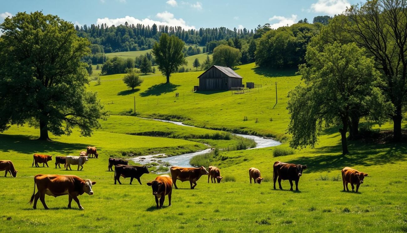 A serene pastoral scene of a sustainable livestock farm nestled amidst rolling hills and lush greenery. In the foreground, contented cows graze peacefully on a verdant meadow, their movements unhurried and natural. Towering trees line the perimeter, casting dappled shadows that dance across the landscape. In the middle ground, a rustic barn stands proud, its weathered wooden walls and tin roof harmonizing with the bucolic surroundings. A winding stream meanders through the scene, its glistening waters reflecting the azure sky above. The overall atmosphere conveys a sense of harmony, balance, and respect for the land, evoking the principles of sustainable agriculture. A serene pastoral scene of a sustainable livestock farm nestled amidst rolling hills and lush greenery. In the foreground, contented cows graze peacefully on a verdant meadow, their movements unhurried and natural. Towering trees line the perimeter, casting dappled shadows that dance across the landscape. In the middle ground, a rustic barn stands proud, its weathered wooden walls and tin roof harmonizing with the bucolic surroundings. A winding stream meanders through the scene, its glistening waters reflecting the azure sky above. The overall atmosphere conveys a sense of harmony, balance, and respect for the land, evoking the principles of sustainable agriculture.