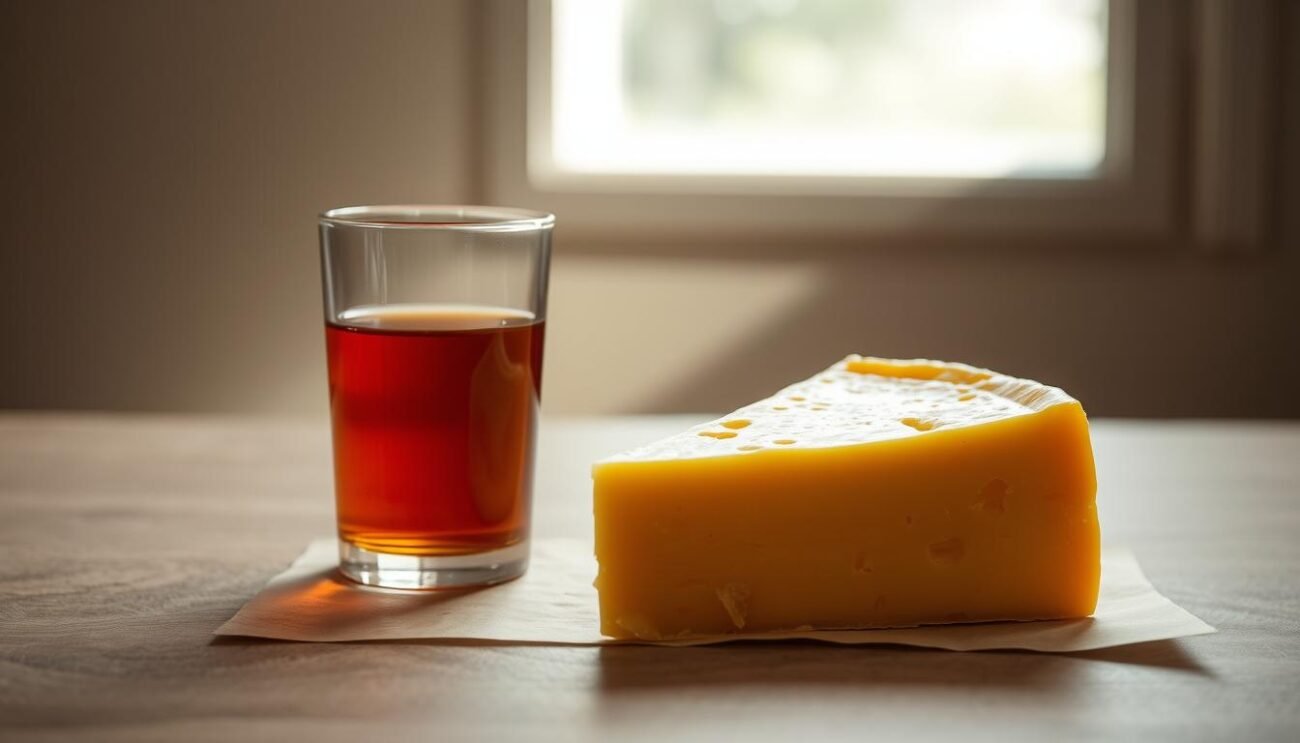 A serene still life scene featuring a wedge of golden, aged cheese alongside a small glass filled with amber-colored liquid, alluding to cholesterol. The composition is balanced, with the cheese taking center stage, lit by soft, natural light filtering through a window. The background is a muted, neutral tone, allowing the rich textures and hues of the cheese and glass to stand out. The overall mood is contemplative, inviting the viewer to consider the nuanced relationship between cheese and cholesterol, as suggested by the section title "Colesterolo e Formaggio: Sfatiamo i Miti". A serene still life scene featuring a wedge of golden, aged cheese alongside a small glass filled with amber-colored liquid, alluding to cholesterol. The composition is balanced, with the cheese taking center stage, lit by soft, natural light filtering through a window. The background is a muted, neutral tone, allowing the rich textures and hues of the cheese and glass to stand out. The overall mood is contemplative, inviting the viewer to consider the nuanced relationship between cheese and cholesterol, as suggested by the section title "Colesterolo e Formaggio: Sfatiamo i Miti".