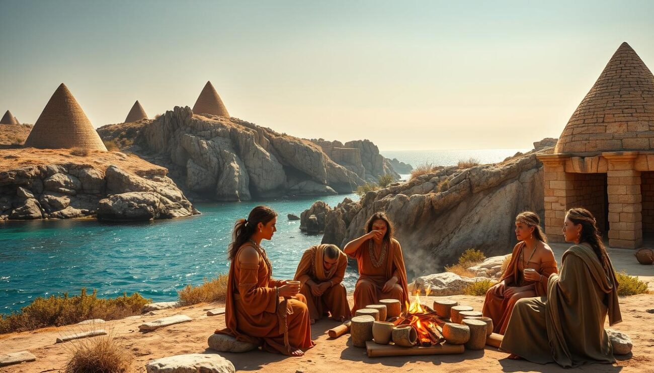 A serene, sun-dappled landscape of the Nuragic civilization in ancient Sardinia. In the foreground, a group of figures adorned in ornate robes and jewelry gather around a crackling fire, sipping from intricately carved stone cups. Behind them, the iconic conical stone structures of the Nuragic towers rise majestically, their weathered facades blending seamlessly with the rugged granite cliffs in the middle ground. In the distance, a sparkling azure sea gently laps against the rocky shore, its calming rhythm complementing the tranquil, contemplative atmosphere. The scene is bathed in a warm, golden light, evoking a sense of timeless, ancestral tradition and the harmonious connection between the people, their land, and the natural elements that sustained them. A serene, sun-dappled landscape of the Nuragic civilization in ancient Sardinia. In the foreground, a group of figures adorned in ornate robes and jewelry gather around a crackling fire, sipping from intricately carved stone cups. Behind them, the iconic conical stone structures of the Nuragic towers rise majestically, their weathered facades blending seamlessly with the rugged granite cliffs in the middle ground. In the distance, a sparkling azure sea gently laps against the rocky shore, its calming rhythm complementing the tranquil, contemplative atmosphere. The scene is bathed in a warm, golden light, evoking a sense of timeless, ancestral tradition and the harmonious connection between the people, their land, and the natural elements that sustained them.