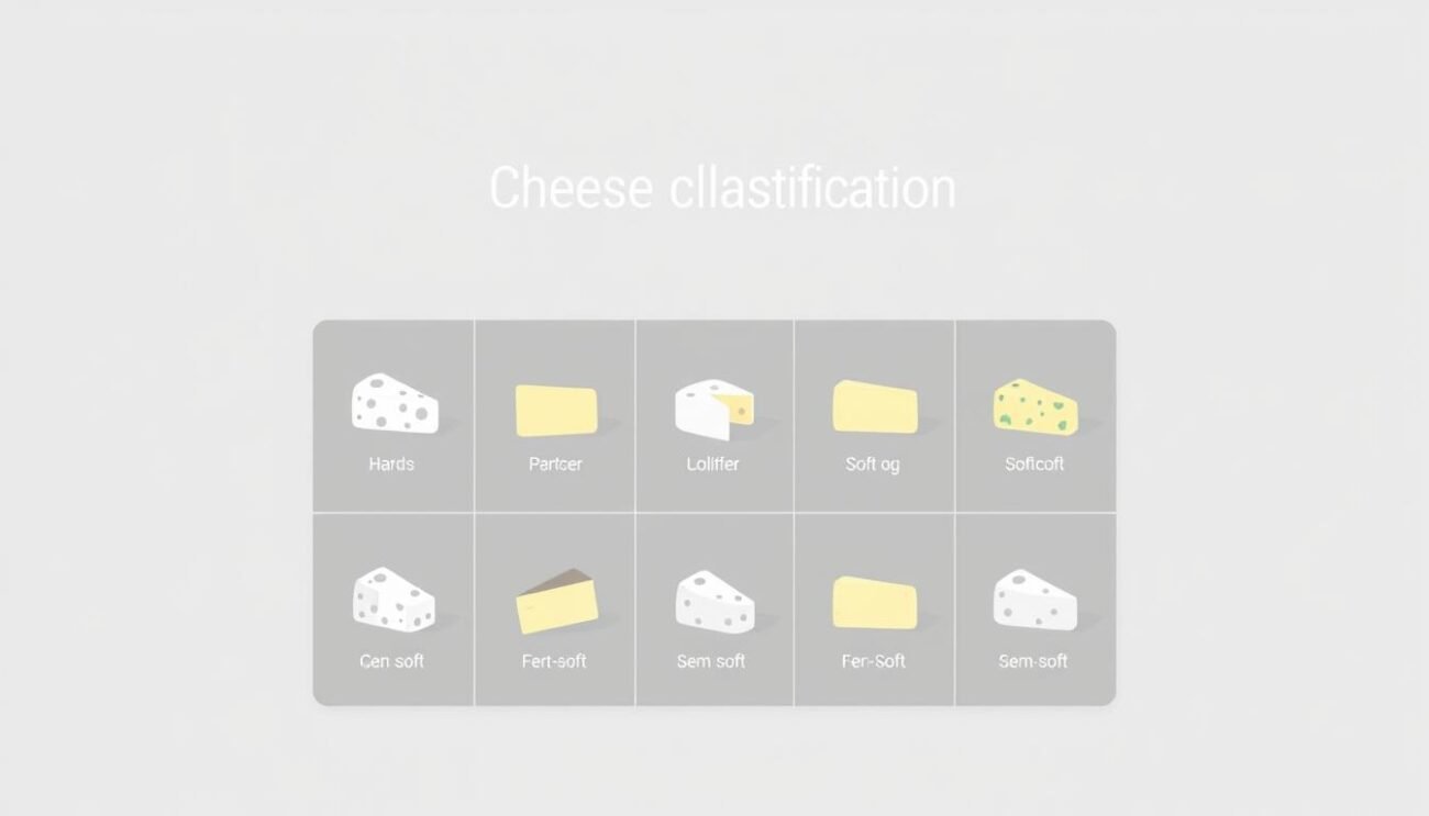 A sleek and modern visual representation of a cheese classification system. A clean, minimalist design with a grey and white color palette, featuring a grid layout showcasing different types of cheeses. Each cheese is depicted as a simple, stylized icon, with clear visual distinction between hard, soft, and semi-soft varieties. The overall composition is balanced and symmetrical, with a subtle gradient background that enhances the sense of depth. The lighting is soft and diffused, creating a professional, editorial feel. The image conveys a clear, informative message about the classification of cheeses based on their fat content, in a visually engaging and accessible way.