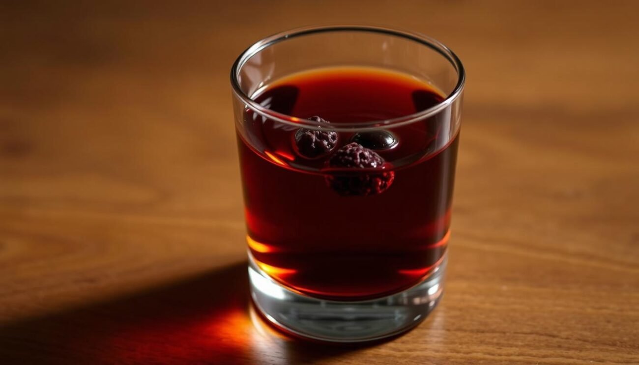 A sleek, minimalist glass tumbler filled with a deep, amber-hued Amaro Selvaggio, complete with a few crushed wild berries floating atop the liquid. The glass is illuminated by soft, warm lighting, casting a gentle glow and highlighting the vibrant color of the spirit. The composition is simple, yet elegant, capturing the essence of the "Servizio e Abbinamenti" section of the article - a beautifully presented, artisanal cocktail that complements the wild and untamed nature of the Amaro Selvaggio. The glass is positioned on a smooth, wooden surface, lending a touch of rustic charm to the scene.