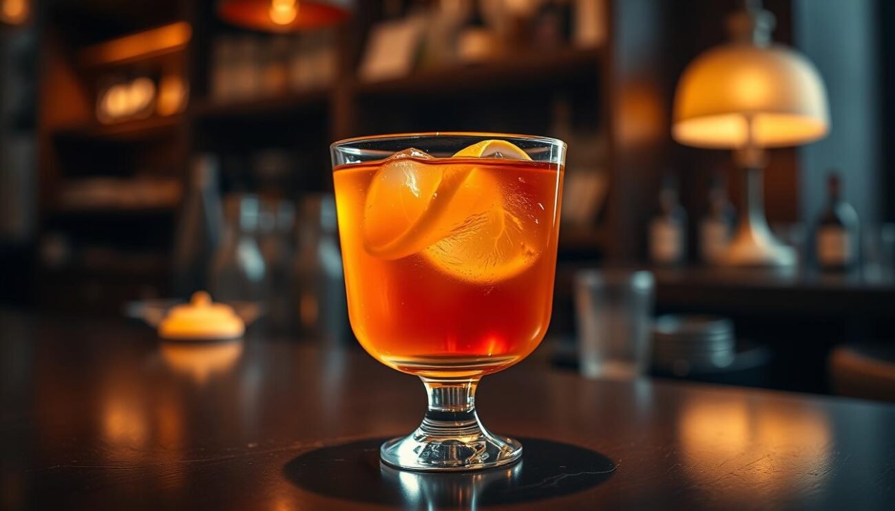 A sleek, modern glass filled with a rich, amber-hued grappa barricata cocktail, garnished with a delicate lemon twist. The liquid glistens under warm, soft lighting, casting a seductive glow. In the background, a blurred, sophisticated bar setting with wooden accents and dimmed ambiance, hinting at the refined, Italian-inspired atmosphere. The composition emphasizes the cocktail's elegant simplicity, inviting the viewer to imagine its smooth, complex flavors. Captured with a shallow depth of field to draw the eye directly to the beautifully crafted drink, this image perfectly encapsulates the refined, yet innovative take on the classic grappa cocktail.