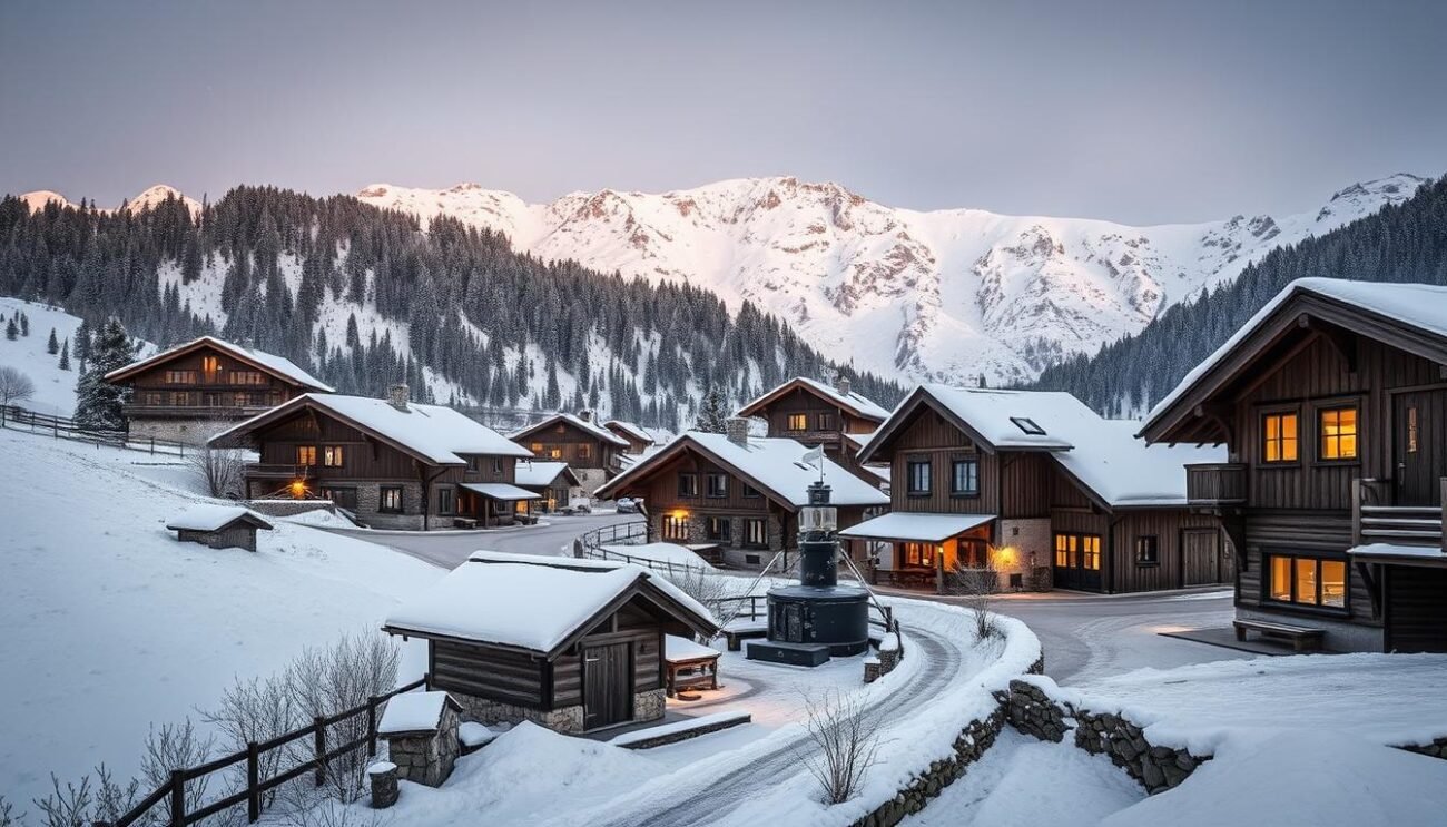 A snow-capped alpine village nestled in the Trentino region, where the Vodka Trentina production facility stands proudly. The traditional wooden architecture blends seamlessly with the pristine, powdery landscape. A team of local artisans meticulously distill the organic potatoes harvested from the nearby glacial fields, capturing the essence of the Dolomites in every bottle. Soft, warm lighting filters through the windows, casting a cozy glow upon the scene. The image exudes a sense of rustic charm and cultural heritage, embodying the spirit of the "L'Unicità della Vodka Trentina: Tradizione Alpina in Bottiglia" section.