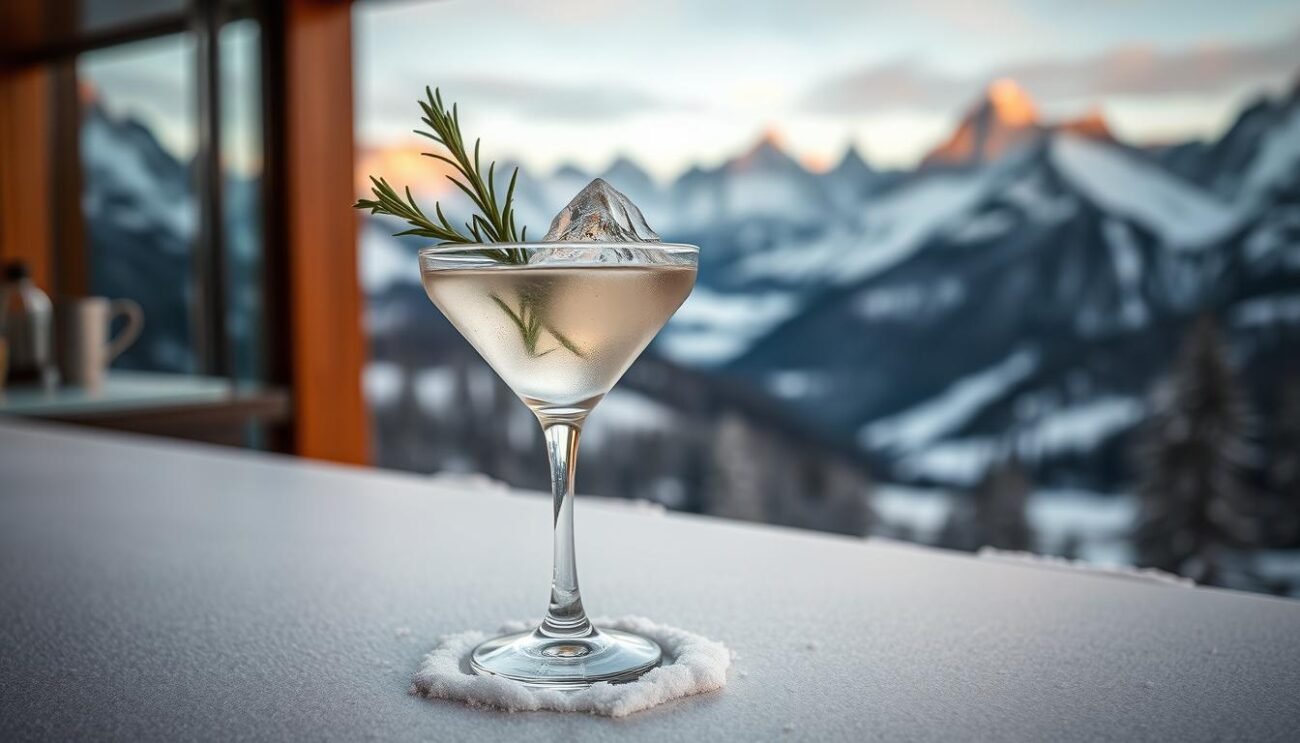 A snowy glass filled with a crystal clear martini, garnished with a sprig of fresh rosemary and a delicate ice cube sculpted to resemble a miniature Dolomite mountain. The drink is illuminated by a soft, warm glow, casting a gentle reflection on the smooth, polished bar surface. In the background, a panoramic view of the majestic Dolomite peaks, dusted with a fresh layer of pristine white snow, create a tranquil, alpine ambiance. The scene evokes the rugged, yet refined essence of the Martini Alpino, a signature cocktail that celebrates the natural beauty and rich heritage of the Italian mountains.