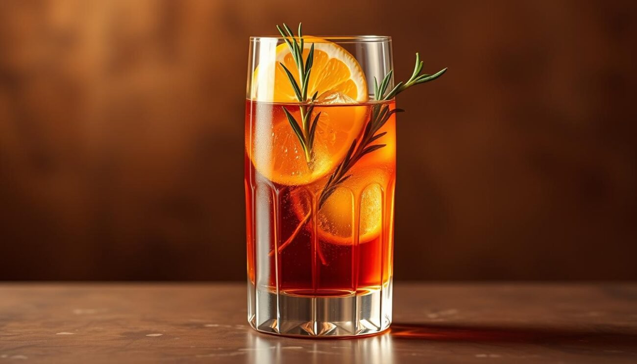 A sophisticated and artistic aperitif, "Vermouth Rinascimento" features a harmonious blend of vermouth, bergamot, and rosemary. Set against a warm, hazy backdrop, the crystal-clear vermouth is highlighted in a handcrafted glass, its amber hues catching the soft light. Delicate sprigs of fresh rosemary and a single slice of bergamot lend an elegant, botanical touch, elevating the composition to a work of art. The atmosphere is one of refined sophistication, inviting the viewer to savor the flavors and artistry of this unique aperitivo experience.
