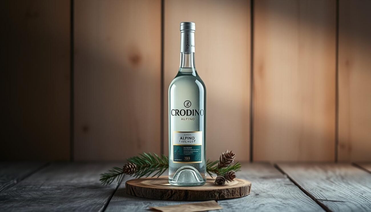 A sophisticated and refined aperitivo bottle, the Crodino Alpino Zero-Proof stands elegantly on a rustic wooden surface, surrounded by a sprig of pine and subtle Alpine accents. Soft, diffused lighting creates a warm, inviting atmosphere, highlighting the clarity and alluring color of the beverage. The bottle's sleek, minimalist design and the natural pine elements evoke a sense of alpine purity and sophistication, perfectly capturing the essence of this zero-proof aperitivo. The scene is framed to showcase the product in an enticing, yet understated manner, inviting the viewer to imagine the crisp, refreshing experience of this unique, non-alcoholic aperitif.