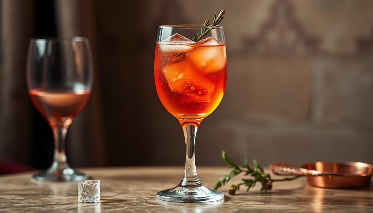 A sophisticated aperitif scene, capturing the essence of a traditional Milanese "Ramato" cocktail. Against a backdrop of warm, muted tones, a crystal glass glistens, filled with the inviting hues of copper-colored Aperol and effervescent Prosecco rosé. Delicate ice cubes glisten, reflecting the soft lighting that casts a golden glow over the scene. Subtle details, such as a copper-rimmed coupe glass and a sprig of fresh botanicals, add depth and elegance to the composition. The overall mood is one of urban sophistication, enticing the viewer to experience the flavors and atmosphere of this quintessential Milanese aperitivo ritual.