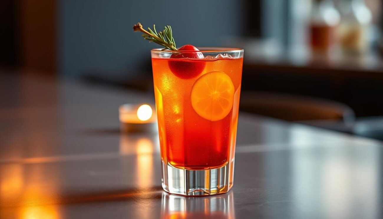 A sophisticated cocktail glass filled with a vibrant, amber-hued liquid. Sliced cherry and a delicate sprig of greenery elegantly garnishing the drink. The glass rests upon a sleek, polished surface, reflecting the vibrant colors. Soft, warm lighting casts a gentle glow, creating an inviting and alluring atmosphere. The overall scene evokes a harmonious fusion of Italian and Japanese influences, capturing the essence of the "Campari Milano-Tokyo" cocktail.