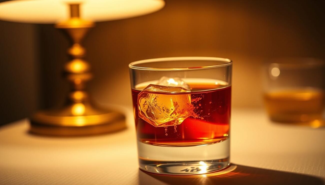 A sophisticated glass filled with amber-hued grappa barricata, the surface reflecting the warm glow of a table lamp. Thecapture the moment with a shallow depth of field, casting a soft, cinematic light on the exquisite drink. The grappa's bouquet of oak, vanilla, and caramel wafts through the air, inviting a sip of this classic, Italian digestif. Captured against a neutral background, allowing the focus to remain solely on the grappa and its elegant presentation, embodying the essence of the "Grappa Barricata Old Fashioned: Classico Rivisitato con Grappa Invecchiata e Miele" section.