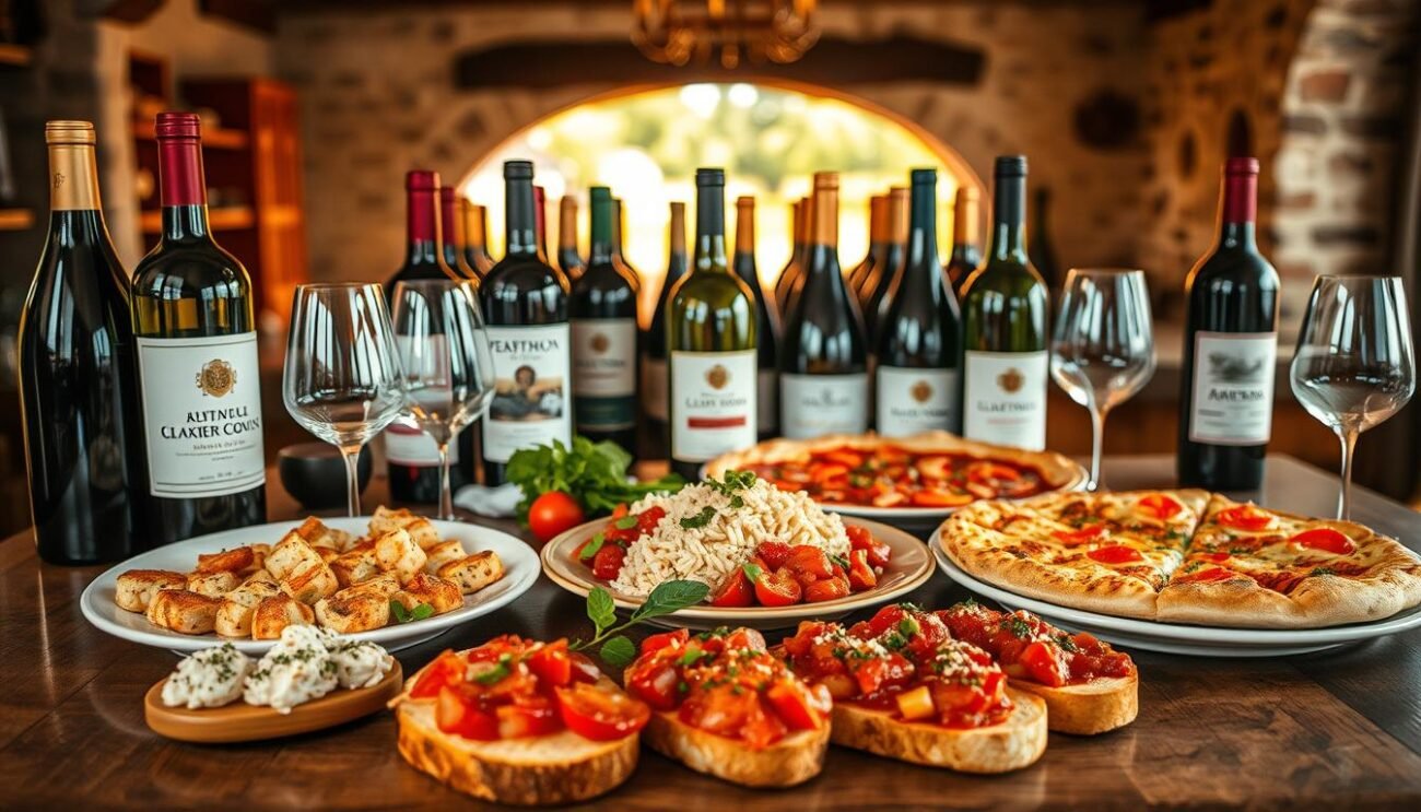 A sophisticated spread of fine Italian cuisine and expertly paired wines, captured in a warm, inviting composition. In the foreground, a delectable array of traditional Italian dishes - rustic bruschetta, creamy risotto, sizzling pizza - artfully arranged on a wooden table. In the middle ground, rows of gleaming wine bottles, their labels showcasing renowned Italian vintages. The background features a cozy, rustic setting - perhaps a charming Italian vineyard or a well-appointed dining room - with hints of natural light and soft, muted tones evoking a sense of culinary elegance and connoisseurship. The overall mood is one of refined, epicurean indulgence, inviting the viewer to savor the perfect harmony of food and wine.