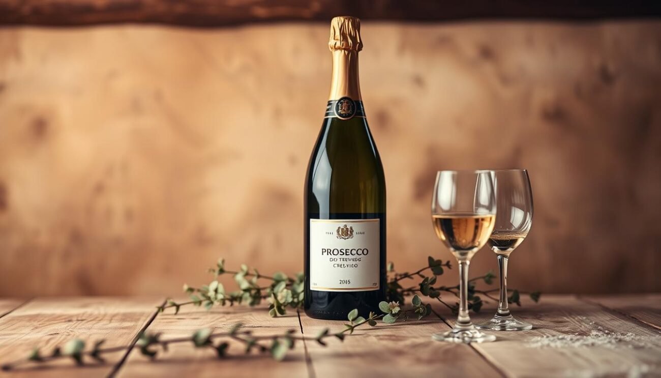 A sophisticated still-life composition featuring a bottle of Prosecco DOC Treviso, set against a warm, rustic backdrop. The bottle's label is prominently displayed, highlighting the Prosecco DOC Treviso appellation. The lighting is soft and diffused, creating a cozy, inviting atmosphere. In the foreground, a set of elegant glassware, perhaps filled with the sparkling wine, adds a touch of refinement. The middle ground features a wooden surface, complemented by subtle hints of greenery or other natural elements, evoking the picturesque Italian countryside. The background is slightly blurred, allowing the main subject to take center stage. The overall mood is one of elegance, quality, and a celebration of the unique terroir of the Treviso region.