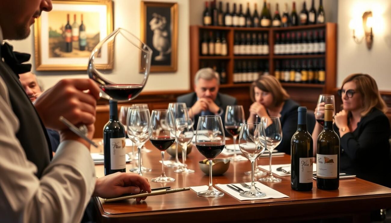 A sophisticated wine tasting scene unfolds, set in a cozy Italian interior. Soft lighting illuminates an elegant wooden table, adorned with fine crystal glassware and a selection of open wine bottles. In the foreground, a sommelier gracefully swirls a glass, examining the wine's color and viscosity. In the middle ground, guests seated around the table engage in animated discussion, savoring the aromas and flavors. The background features tasteful decor, such as wine-themed artwork and shelves stocked with vintage bottles, creating an atmosphere of refined connoisseurship. The overall mood is one of conviviality, knowledge, and an appreciation for the art of wine tasting.