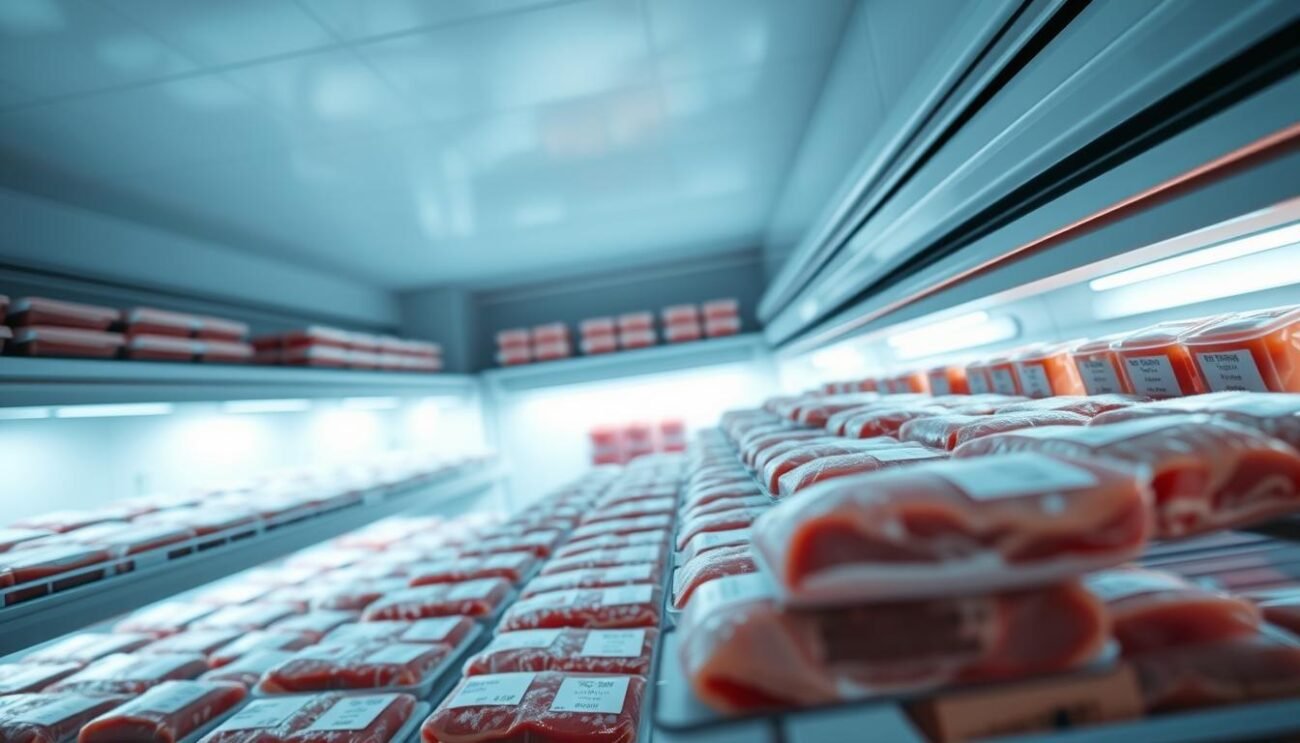 A spacious and well-lit freezer interior, with rows of neatly arranged packages of frozen meat. The shelves are organized and free of clutter, with a clean, organized appearance. The lighting is soft and even, casting a cool, bluish-white glow that highlights the icy texture of the frozen meat. The packages are labeled clearly, indicating the contents, and the overall scene conveys a sense of efficient, temperature-controlled storage. The background is blurred, placing the focus on the carefully preserved meat in the foreground. The image should inspire confidence in the viewer that the meat is being stored in a proper, professional manner.