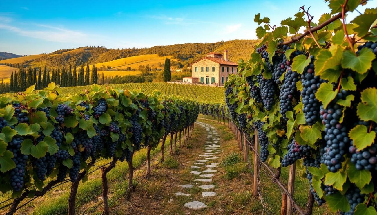 A sprawling Italian vineyard set against a picturesque backdrop of rolling hills, lush greenery, and a clear azure sky. In the foreground, rows of grapevines heavy with ripe, plump clusters of grapes in hues of deep purple and vibrant green. Winding stone paths lead through the vineyard, inviting exploration. In the middle ground, a rustic stone winery stands tall, its terracotta roof tiles glowing warmly in the soft, diffused sunlight. The scene exudes a sense of timeless tradition, heritage, and the essence of Italy's rich winemaking legacy. The overall composition captures the beauty, tranquility, and boundless bounty of "vini italiani," the treasured wines that define the country's unparalleled viticultural heritage.