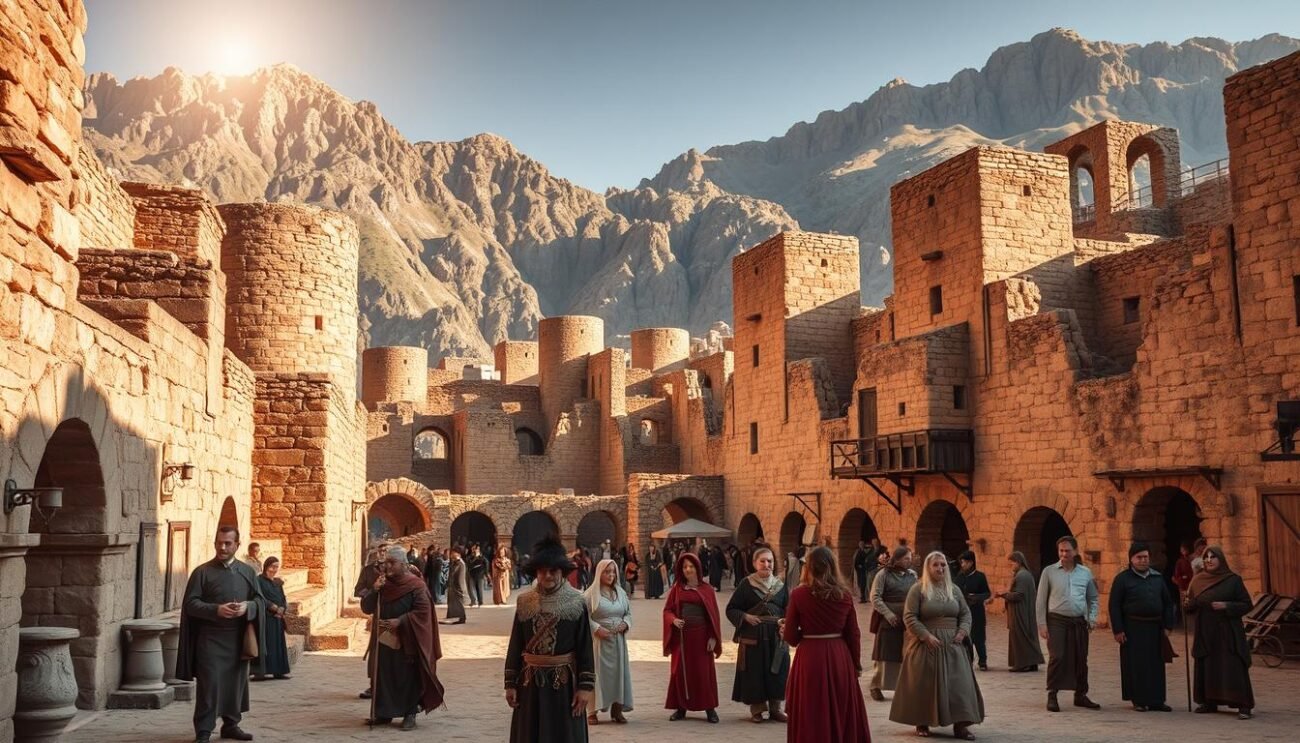 A sprawling settlement of stone towers and structures, the Nuragic civilization of ancient Sardinia rises against a backdrop of rugged, granite mountains. Sunlight filters through the archways, casting warm shadows upon the weathered walls. In the foreground, a group of individuals in traditional Nuragic garb gather, engaged in everyday tasks and rituals, their movements imbued with a sense of timeless cultural heritage. The scene exudes a palpable atmosphere of mystery and enduring legacy, capturing the essence of Sardinia's Nuragic past. A sprawling settlement of stone towers and structures, the Nuragic civilization of ancient Sardinia rises against a backdrop of rugged, granite mountains. Sunlight filters through the archways, casting warm shadows upon the weathered walls. In the foreground, a group of individuals in traditional Nuragic garb gather, engaged in everyday tasks and rituals, their movements imbued with a sense of timeless cultural heritage. The scene exudes a palpable atmosphere of mystery and enduring legacy, capturing the essence of Sardinia's Nuragic past.