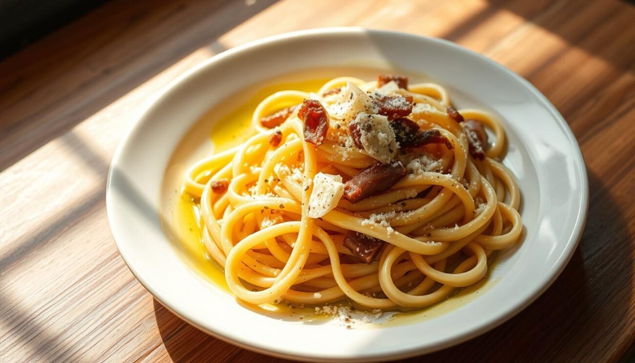 A steaming plate of fresh handmade pasta, the surface glistening with a drizzle of olive oil. Ribbons of al dente bucatini noodles, tossed with crisped guanciale (pork cheek) and a dusting of freshly grated Pecorino Romano cheese. The warm, earthy aroma of black pepper wafts from the dish, inviting the senses. Beams of soft, natural light illuminate the scene, casting gentle shadows that accentuate the texture of the ingredients. The composition is simple yet elegant, capturing the essence of this quintessential Roman pasta dish in a single frame.