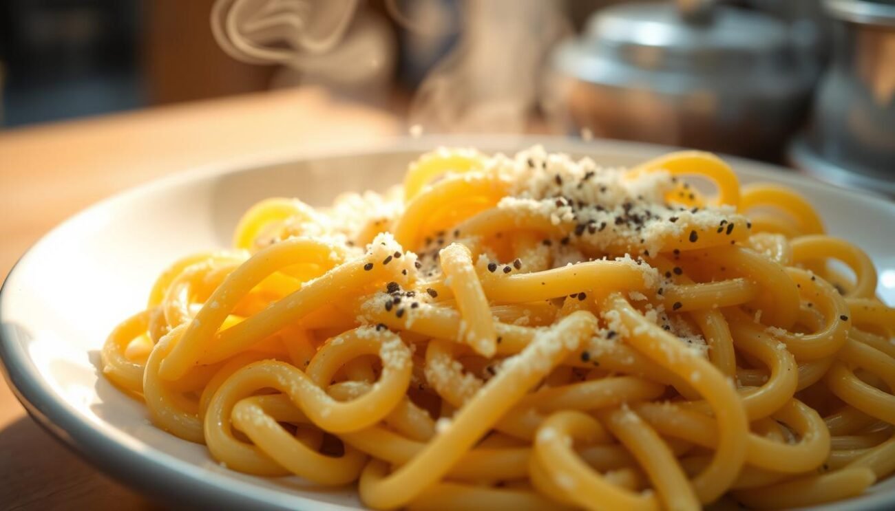 A steaming plate of freshly-cooked tonnarelli pasta, tossed in a rich, creamy sauce made from salty pecorino romano cheese and fragrant black pepper. The noodles glisten under the warm, golden lighting, inviting the viewer to savor the simple yet flavorful dish. In the foreground, the tonnarelli are artfully arranged, with a light dusting of freshly grated pecorino and a sprinkle of cracked black pepper. The middle ground showcases a traditional Roman ceramic serving dish, its white glaze complementing the earthy tones of the pasta. The background fades into a softly-lit kitchen setting, hinting at the comforting, homemade nature of this classic Roman pasta alla gricia.