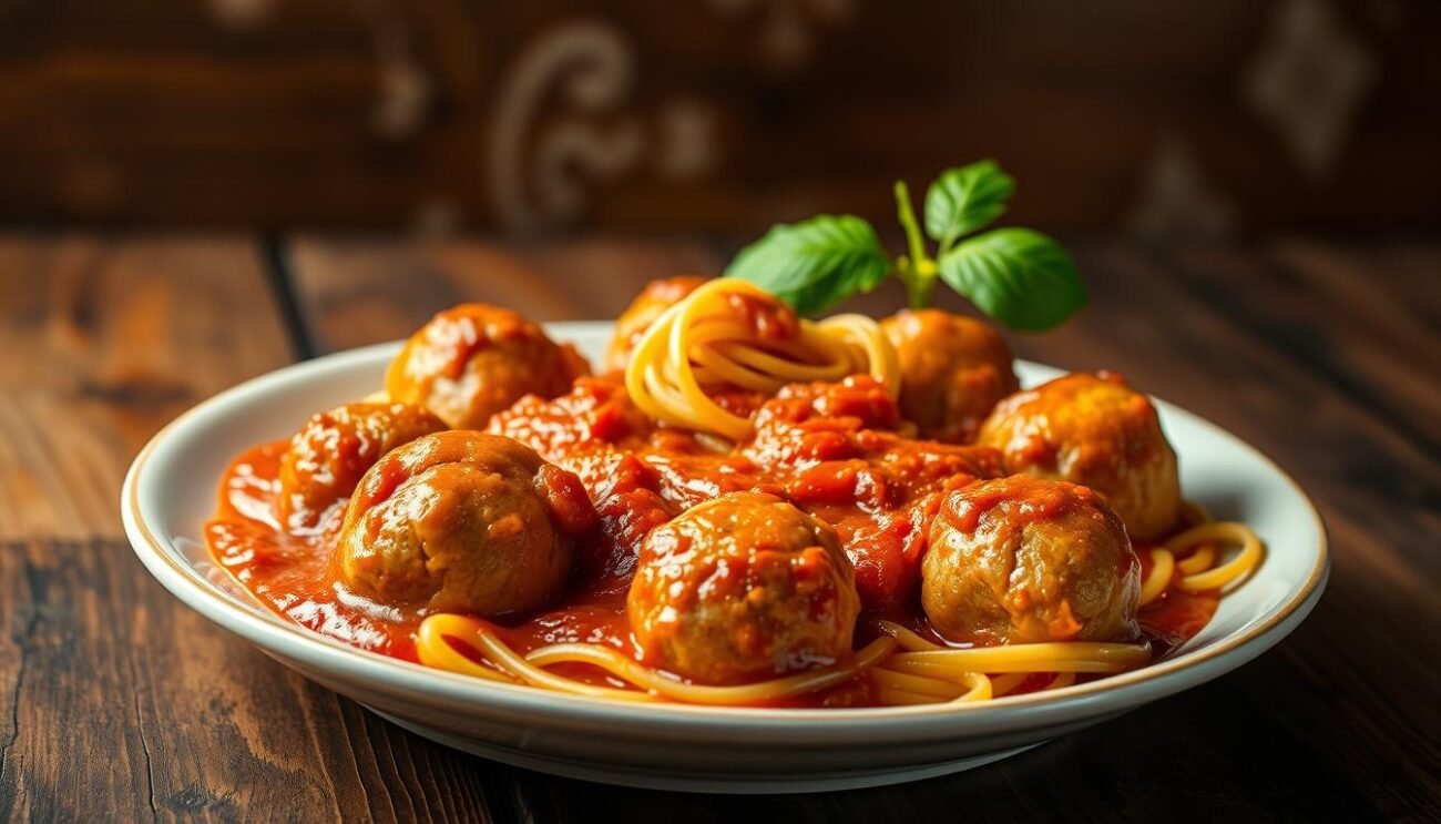 A steaming plate of homemade polpette al ragù napoletano, the iconic Italian meatballs simmered in a rich, savory tomato sauce. In the foreground, the meatballs glisten with a glossy sheen, their golden-brown exteriors contrasting with the deep red of the sauce. In the middle ground, a twirl of al dente spaghetti nestles among the polpette, ready to soak up every last drop of the fragrant ragù. The background features a rustic wooden table, its weathered surface complementing the homespun, family-style presentation. Warm, indirect lighting casts a cozy glow over the scene, evoking the comforting traditions of Neapolitan cuisine. This image captures the essence of "La Storia delle Polpette al Ragù nella Tradizione Napoletana" - a timeless culinary legacy passed down through generations.