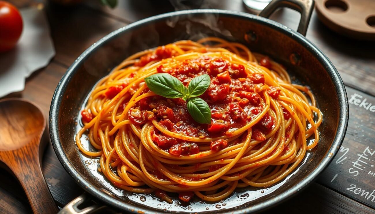 A steaming plate of homemade spaghetti all'assassina, freshly tossed in a sizzling pan. The al dente noodles are coated in a vivid, crimson sauce - a harmonious blend of juicy tomatoes, fiery chili peppers, and fragrant garlic. Glistening olive oil reflects the warm, ambient lighting, casting a rustic, Italian trattoria atmosphere. The dish is garnished with a scattering of fresh basil leaves, adding a vibrant pop of green. Wooden utensils and a simple, uncluttered tabletop complete the authentic, homemade presentation. The overall scene evokes the comforting and bold flavors of this classic Barese pasta speciality.