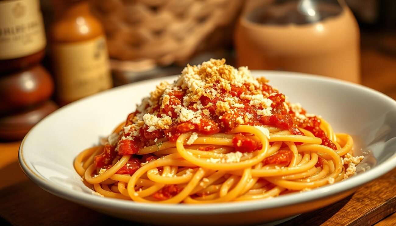 A steaming plate of spaghetti alla Assassina, the signature Barese dish, is showcased against a rustic Italian backdrop. The spaghetti noodles are coated in a rich, spicy tomato sauce, sprinkled with grated Pecorino Romano cheese and flecks of crunchy breadcrumbs. The shallow depth of field highlights the dish's textures, from the al dente pasta to the crisp, golden breadcrumbs. Warm, natural lighting casts a golden glow, evoking the cozy, homemade feel of this traditional Southern Italian specialty. The composition invites the viewer to imagine the bold, complex flavors and the cultural heritage behind this iconic Barese culinary creation.