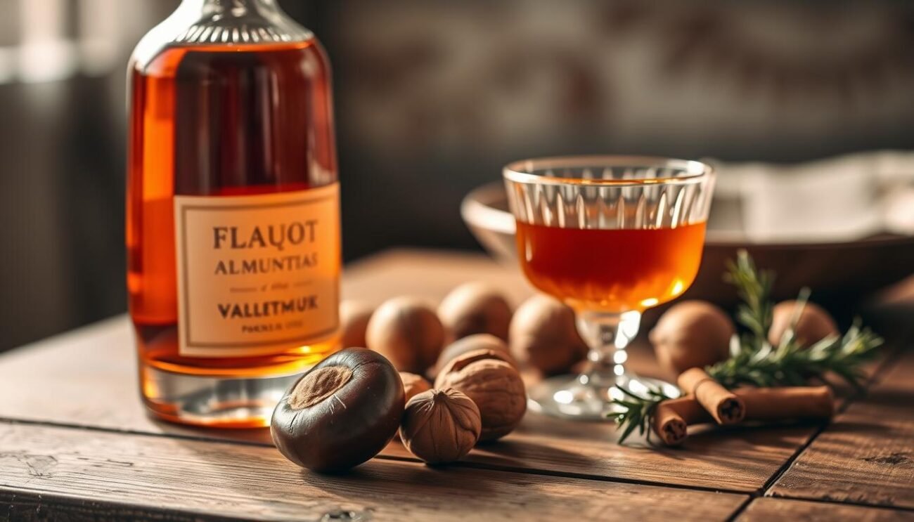 A still life arrangement of premium Italian cocktail ingredients on a rustic wooden table, bathed in warm, golden lighting. In the foreground, a bottle of amber-hued liqueur, a crystal tumbler, and a slice of chestnut garnish. In the middle ground, fresh walnuts, cinnamon sticks, and a sprig of rosemary. The background is gently blurred, hinting at a cozy, autumnal setting. The overall mood is one of refined elegance and seasonal charm, capturing the essence of a quintessential Italian autumnal cocktail.