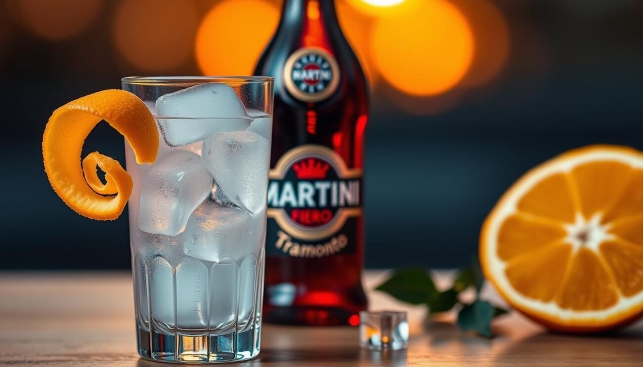 A still life arrangement of the key ingredients for a Martini Fiero Tramonto cocktail. A crystal highball glass filled with Martini Fiero, cubes of clear ice, and a spiral of freshly peeled orange peel resting on the rim. In the middle ground, a bottle of Martini Fiero, its ruby-red hue gleaming in the soft, warm lighting. In the background, a slice of orange, its vibrant color and juicy flesh evoking the citrus notes of the cocktail. The overall scene is bathed in a golden, sunset-like glow, capturing the aperitivo ambiance of this evening drink. A still life arrangement of the key ingredients for a Martini Fiero Tramonto cocktail. A crystal highball glass filled with Martini Fiero, cubes of clear ice, and a spiral of freshly peeled orange peel resting on the rim. In the middle ground, a bottle of Martini Fiero, its ruby-red hue gleaming in the soft, warm lighting. In the background, a slice of orange, its vibrant color and juicy flesh evoking the citrus notes of the cocktail. The overall scene is bathed in a golden, sunset-like glow, capturing the aperitivo ambiance of this evening drink.