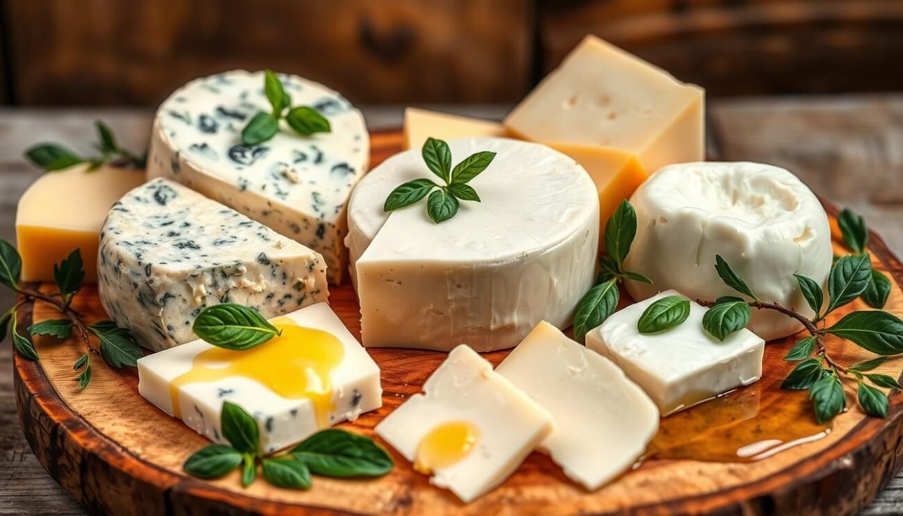 A still life arrangement showcasing an assortment of premium Italian cheeses, including creamy Gorgonzola, tangy Parmesan, and mellow Mozzarella. The cheeses are artfully arranged on a rustic wooden board, with a vibrant array of green leafy garnishes and golden olive oil drizzle adding visual interest. Soft, warm lighting casts a cozy, inviting atmosphere, while the image's composition emphasizes the cheeses' distinctive textures and flavors. The overall scene conveys a sense of quality, authenticity, and the Mediterranean culinary tradition, inviting the viewer to consider the role of cheese in a balanced, cholesterol-conscious diet. A still life arrangement showcasing an assortment of premium Italian cheeses, including creamy Gorgonzola, tangy Parmesan, and mellow Mozzarella. The cheeses are artfully arranged on a rustic wooden board, with a vibrant array of green leafy garnishes and golden olive oil drizzle adding visual interest. Soft, warm lighting casts a cozy, inviting atmosphere, while the image's composition emphasizes the cheeses' distinctive textures and flavors. The overall scene conveys a sense of quality, authenticity, and the Mediterranean culinary tradition, inviting the viewer to consider the role of cheese in a balanced, cholesterol-conscious diet.