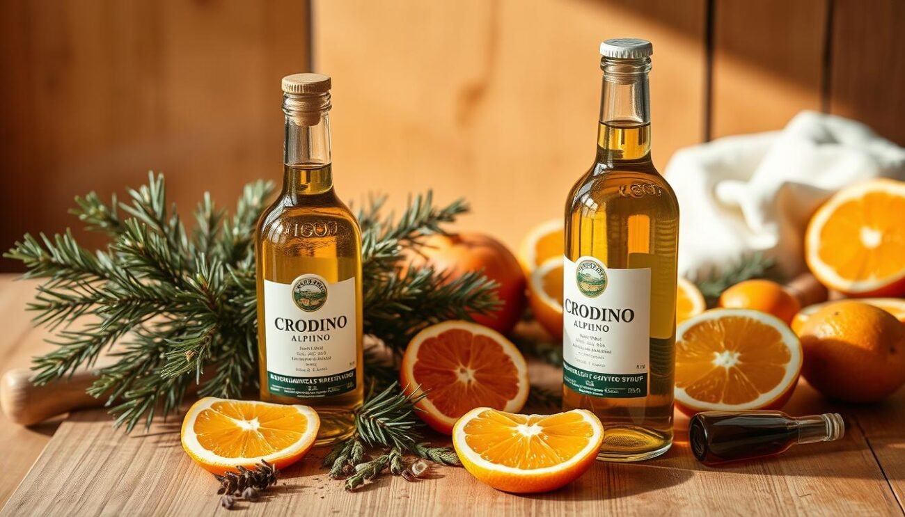 A still life arrangement showcasing the natural ingredients used to craft Crodino Alpino, a zero-proof aperitivo blend featuring Crodino and a syrup made from Mugo pine. Prominently displayed in the foreground are glass bottles containing the Crodino and pine syrup, along with a bundle of fresh pine sprigs, sliced citrus fruits, and aromatic herbs. The middle ground features a wooden cutting board or rustic table surface, echoing the natural, alpine aesthetic. The background suggests a warm, cozy setting, perhaps a mountain chalet or Italian countryside, casting a soft, golden glow over the scene. Lighting is natural and diffused, highlighting the transparency of the liquids and the vibrant colors of the ingredients. The overall mood is one of simplicity, quality, and an appreciation for the local, artisanal production of this unique zero-proof aperitif.