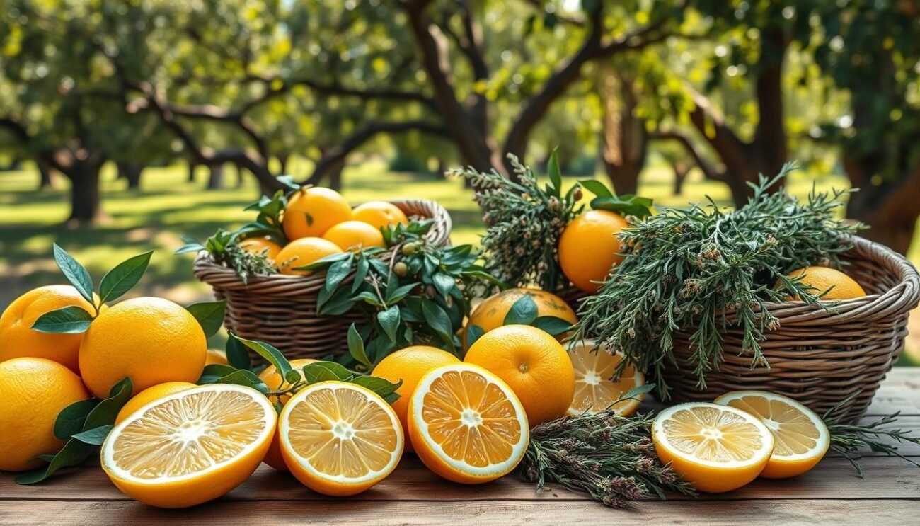 A still life of fresh Sicilian citrus fruits and aromatic botanicals, arranged on a rustic wooden table. The foreground features halved lemons and oranges, their juicy pulp and vibrant zest glistening under soft, natural lighting. In the middle ground, clusters of fragrant bergamot, lemon verbena, and wild herbs spill from woven baskets, hinting at the essential oils that lend Gazzosa Siciliana its distinctive flavor. The background depicts a sun-dappled grove, where the orchard trees sway gently in a warm Mediterranean breeze. The overall composition evokes the artisanal production and time-honored traditions behind this classic Italian non-alcoholic beverage.