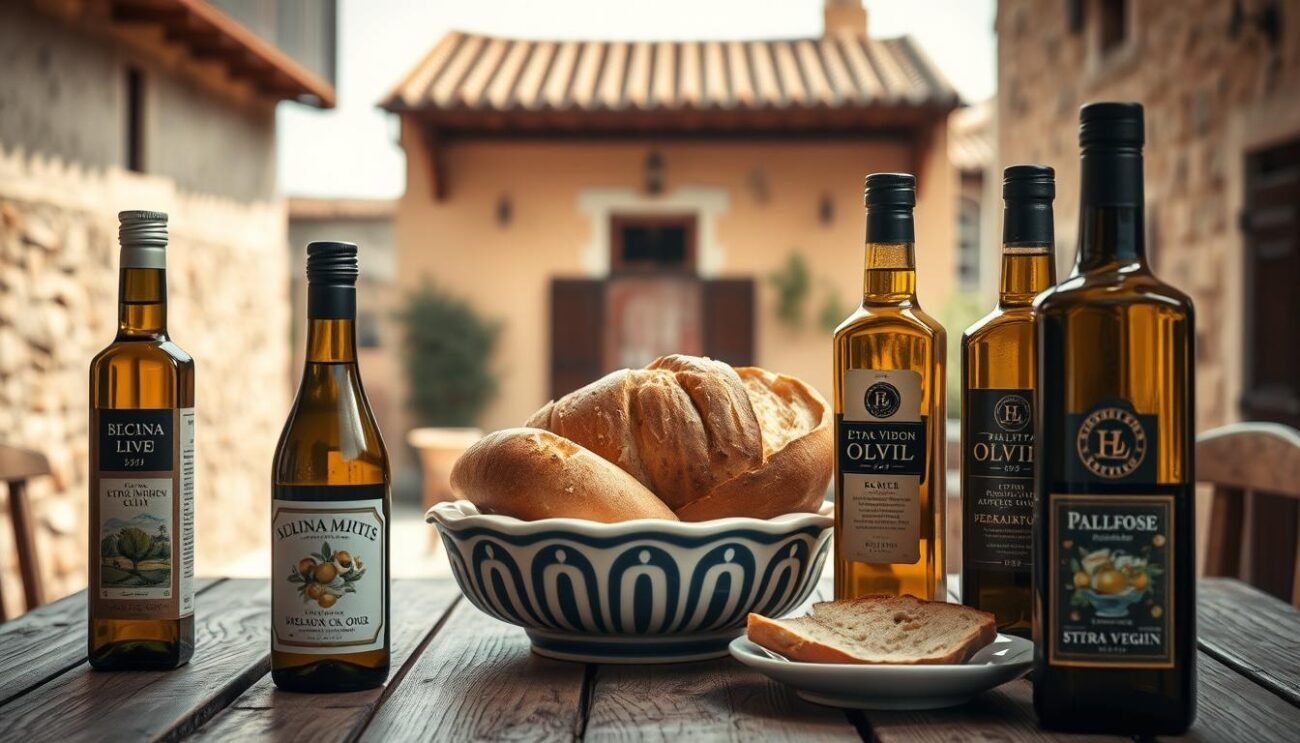 A still life scene capturing the essence of "Degustazione Olio Extravergine Siciliano". The foreground features a rustic wooden table with a selection of high-quality Sicilian extra virgin olive oil bottles, each with a unique label design. In the middle ground, a traditional Italian ceramic dish holds freshly baked bread, perfect for dipping into the rich, golden olive oil. The background showcases an old-world Sicilian villa, with its warm, terracotta-tiled roof and weathered stone walls, evoking a sense of timeless tradition. The lighting is soft and natural, casting a gentle glow over the scene, creating an inviting and appetizing atmosphere.