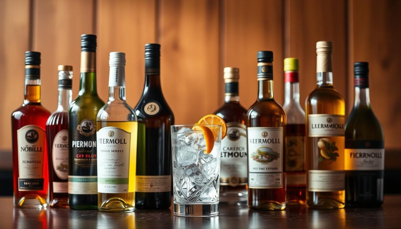 A still life scene depicting various bottles and glassware representing the Piemonte Nobile cocktail variants. The foreground features an array of elegantly shaped vermouth bottles, each with a distinct label and hue. In the middle ground, a set of highball glasses filled with ice and garnished with citrus twists, inviting the viewer to imagine the flavors of the cocktail. The background showcases a backdrop of warm, wooden tones, suggesting the refined and sophisticated ambiance of an Italian bar or lounge. Soft, warm lighting creates a inviting atmosphere, highlighting the intricate details of the glassware and the rich colors of the ingredients. The overall composition conveys the refined and elegant nature of the Piemonte Nobile cocktail and its variants.