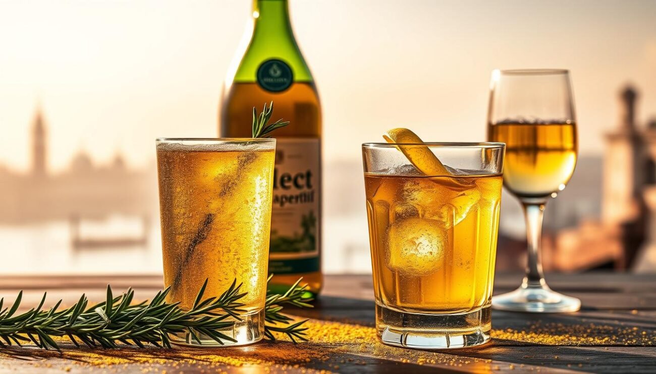 A still life scene of a Veneziano Dorato cocktail, showcasing the golden hues of the aperitif. In the foreground, a chilled glass filled with the shimmering golden liquid, garnished with a thin lemon twist. Surrounding the glass, delicate sprigs of rosemary and a dusting of gold powder, evoking the luxurious and bespoke nature of the drink. In the middle ground, a bottle of Select aperitif and a half-filled glass of Prosecco, alluding to the key ingredients. The background features a soft, hazy Italian landscape, with a touch of Venetian architecture visible in the distance, setting the scene in the lagoon city. Warm, golden lighting casts a natural glow over the entire composition, creating an inviting and sophisticated atmosphere. A still life scene of a Veneziano Dorato cocktail, showcasing the golden hues of the aperitif. In the foreground, a chilled glass filled with the shimmering golden liquid, garnished with a thin lemon twist. Surrounding the glass, delicate sprigs of rosemary and a dusting of gold powder, evoking the luxurious and bespoke nature of the drink. In the middle ground, a bottle of Select aperitif and a half-filled glass of Prosecco, alluding to the key ingredients. The background features a soft, hazy Italian landscape, with a touch of Venetian architecture visible in the distance, setting the scene in the lagoon city. Warm, golden lighting casts a natural glow over the entire composition, creating an inviting and sophisticated atmosphere.